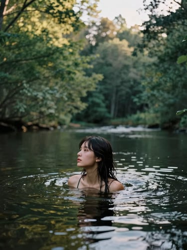 Portrait vertical et artistique d'une silhouette flottant juste sous la surface de l'eau d'un lac forestier, lumière diffuse et d'or filtrant à travers les feuilles, tons vert rivière profonds.