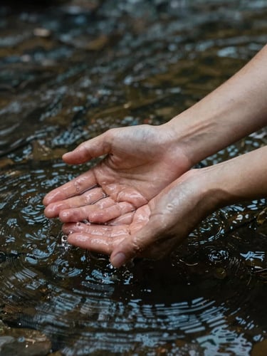 Close-up of hands gently parting dark river water, soft ripples reflecting dappled forest light, organic textures of wet skin, portrait orientation