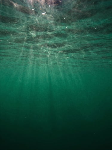 Underwater shot of sunlight rays refracting through deep green lake water, creating ethereal patterns of light, abstract and peaceful