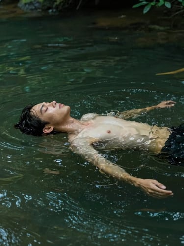Vertical portrait of a person floating peacefully just beneath the surface of a dark green forest river, soft diffused light filtering through leaves, organic ripples, wet skin and hair, contemplative.