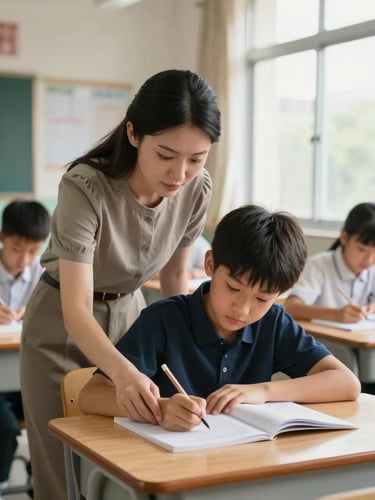 Medium shot of a teacher leaning over a wooden desk helping a middle school student with homework, warm indoor light from a nearby window, open notebooks and pencils visible, a calm focused classroom environment in the background with other students working quietly