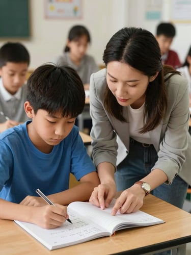 Close-medium shot of a teacher leaning over a study table helping a middle school student with a math problem, both looking at the same notebook, warm indoor lighting, a small group of students visible softly in the background, natural and unposed interaction