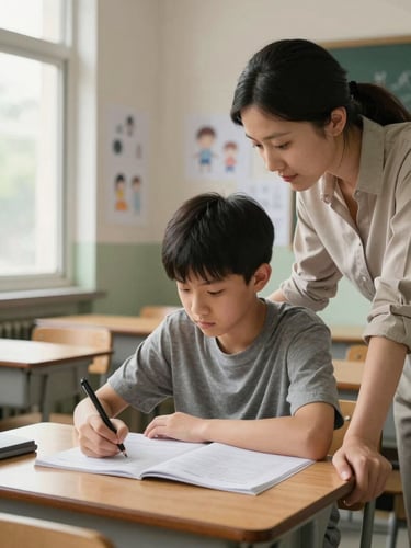 Medium shot of a young student sitting at a wooden desk doing homework, natural window light from the left, a teacher leaning in gently to check the work, warm indoor classroom setting with student drawings on the wall behind them