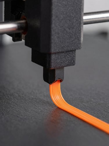 Extreme macro shot of a 3D printer nozzle extruding high-visibility orange filament, clean layer lines visible, technical slate background, sharp focus, high-contrast studio lighting.