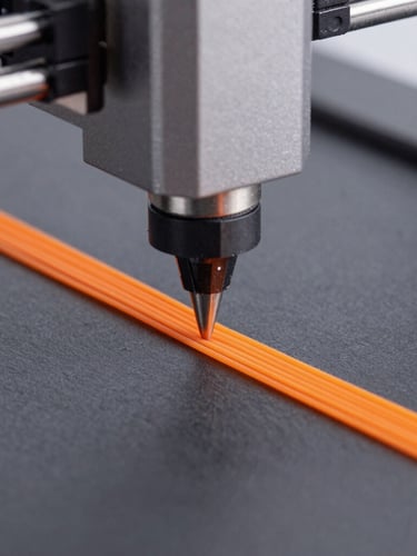 Extreme macro shot of a high-precision 3D printer nozzle extruding safety orange filament, clean layer lines, technical slate background, sharp focus, studio lighting