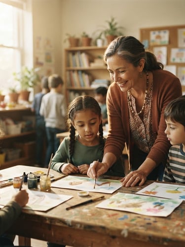 A candid environmental portrait of a local community educator in a sunlit classroom, guiding young students over a table, warm muted tones, 35mm film photography.