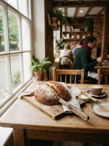 Cozy Scandinavian-style restaurant interior, soft diffused morning daylight through a window, rustic wooden table with fresh sourdough bread, warm color tones, shallow depth of field, 35mm film look.