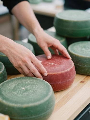 Close-up of hands arranging artisanal cheese wheels on a wooden board at a market stall, soft natural daylight, matte forest green accents, shallow depth of field