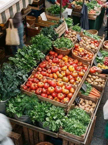 Overhead shot of a bustling local food market stall, colorful heirloom tomatoes, fresh greens, soft Scandinavian daylight, rich crimson tones, 35mm film style