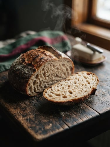 A close-up of a rustic sourdough loaf sliced open on a dark wood table, steam rising in soft Scandinavian daylight, moody shadows