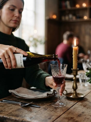 Editorial portrait shot of a rustic candlelit restaurant table, hands pouring red wine into a glass, warm Scandinavian daylight, shallow depth of field, 35mm film look.
