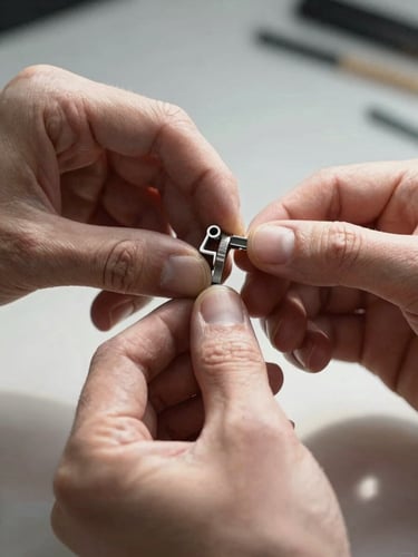 Documentary close-up of hands holding a precision metal jewelry model at actual scale against a sparse studio surface, natural north-facing daylight from the left, no fill flash, fingers examining the setting detail, high contrast shadows on the fingers and form