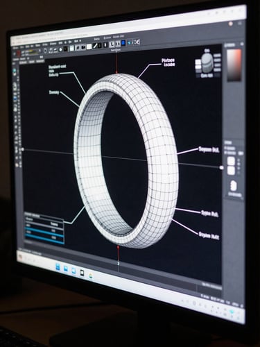 Extreme close-up of a CAD modeling screen displaying a wireframe ring geometry with technical markup annotations, sharp high-contrast monitor glow illuminating the dark workspace, framed tight to the right edge of the composition with the left side falling into shadow