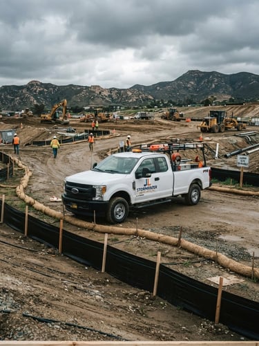 Wide shot of a JL Stormwater Consultants, Inc. branded field vehicle parked on an active construction site in El Cajon, CA, under an overcast sky, with visible silt fences and fiber rolls, industrial editorial photography, cool desaturated tones with high-vis orange accents, sharp focus, 35mm lens.