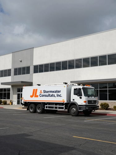 Exterior wide shot of a modern, industrial office building in El Cajon, CA, at overcast daylight. A branded JL Stormwater Consultants, Inc. rapid-response field rig is parked prominently, ready for deployment.