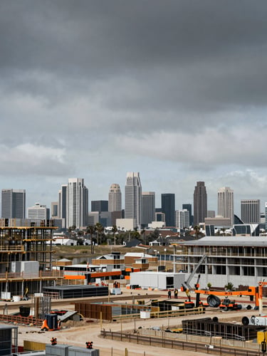 Panoramic view of a Southern California construction site with the San Diego skyline in the distance, under an overcast dramatic daylight, industrial editorial photography, cool desaturated tones.
