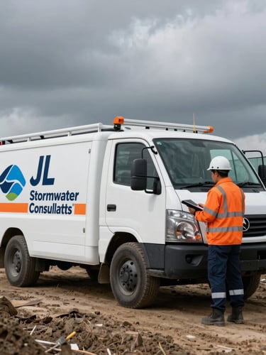 Portrait shot of a branded JL Stormwater Consultants field vehicle, parked on a muddy construction site under overcast skies, a professional inspector in high-vis gear stands beside it holding a tablet, silt fences in background, focused on the vehicle and inspector.