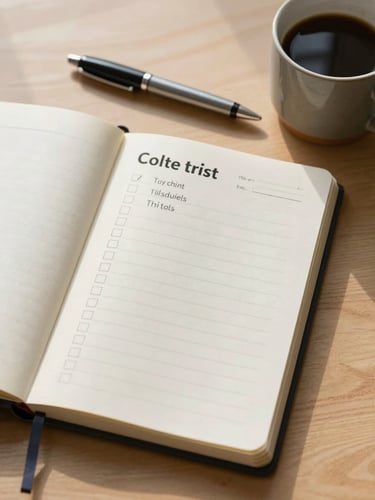 Close-up overhead flat-lay of a well-organised desk surface — open notebook, uncapped pen, printed checklist, ceramic coffee cup — on a light wood surface under diffused Dutch morning window light