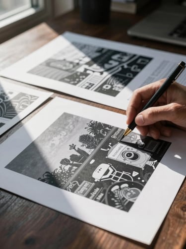 A creative director reviewing high-contrast physical print proofs on a dark wooden table, sharp natural window light, cool tones, macro focus on design details