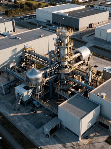 Wide dramatic overhead drone shot of a modern industrial complex at golden hour, sharp long shadows, cool high-contrast tones, 35mm