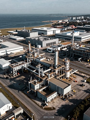 Dramatic high-altitude drone perspective of a modern coastal industrial complex, clean daylight, high-contrast cool tones, 35mm