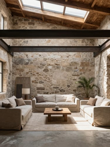 Straight-on editorial interior photograph of a double-height loft living room, exposed historic stone walls, large structural steel beams, concrete floors, soft natural afternoon sunlight pouring from high skylights, minimalist linen furniture.