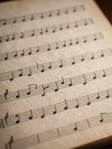 Macro detail shot of vintage sheet music with hand-written ink annotations, warm dramatic side-light highlighting paper texture, shallow depth of field.