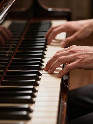 Macro detail shot of hands playing a grand piano, dramatic side-light highlighting the polished wood and ivory keys, rich dark tones, 50mm