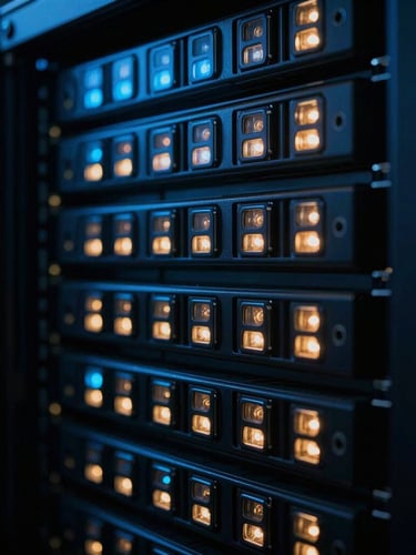 Extreme close-up of a high-performance server rack, glowing blue and amber status LEDs, cool dark ambient lighting, shallow depth of field, 35mm