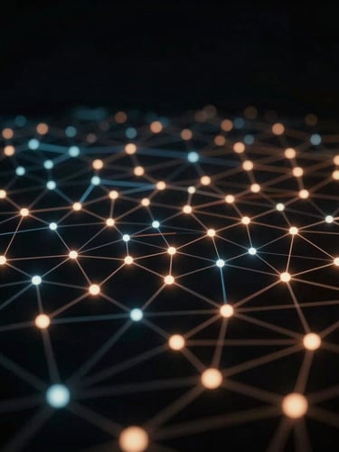 Abstract neural network visualization, glowing nodes and complex algorithmic pathways, deep black background, cinematic side-lighting, 35mm