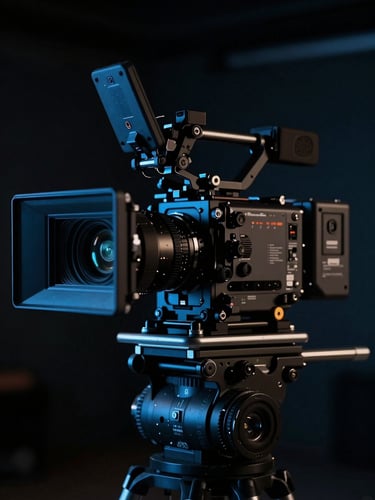 Anamorphic 35mm close-up of a high-end digital cinema camera rig in a low-key studio environment, dramatic side-lighting, cool blue tones, deep shadows.