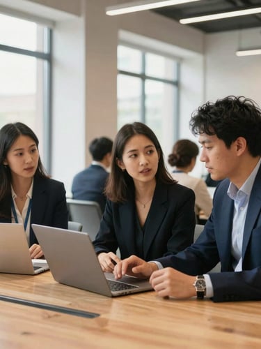 Medium environmental shot of local founders collaborating in a modern workspace, warm wood tones, bright natural daylight, sharp focus, 35mm.