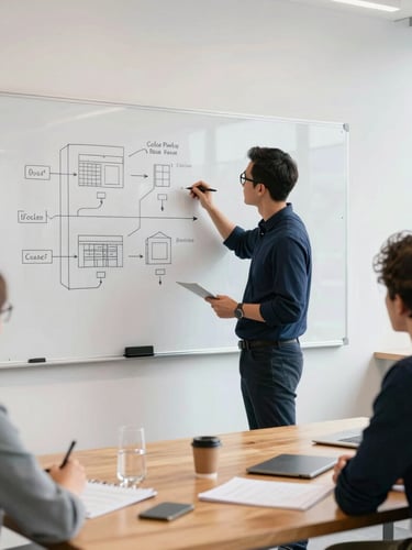 A professional workshop leader writing technical blueprints on a large whiteboard, local founders collaborating at a wooden table in a bright, daylight-filled modern workspace