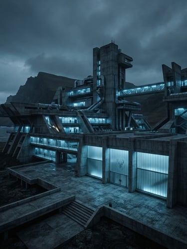 Wide panoramic brutalist concrete research facility, sharp architectural lines, cold blue fluorescent lighting, desaturated slate and cyan tones, a subtle Azure Stag seal watermark on a frosted glass panel, low horizon.