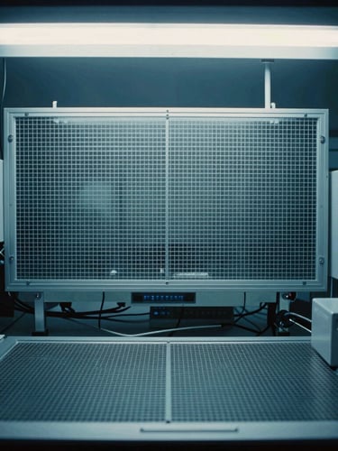 Portrait shot of a clean-room quantum laboratory, harsh fluorescent shadows, technical grids, cold blue studio light, desaturated slate and cyan tones, no people.