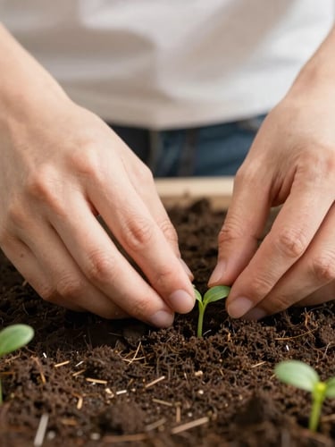 Close-up of hands carefully arranging small green sprouts in rich dark soil, soft natural daylight, shallow depth of field, warm editorial photography.