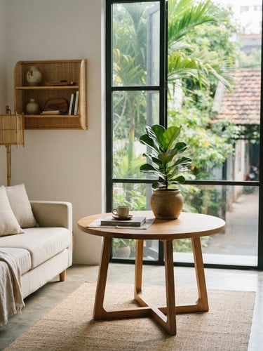 A modern Vietnamese home interior with soft natural daylight streaming through a large window, clean minimalist composition, a single green plant on a wooden table, warm editorial photography.