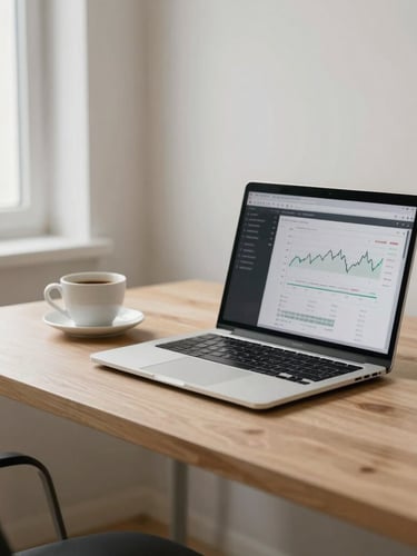 A minimalist workspace with a clean wooden desk, a laptop showing financial charts, and a cup of coffee under soft side window light, desaturated tones, 35mm lens