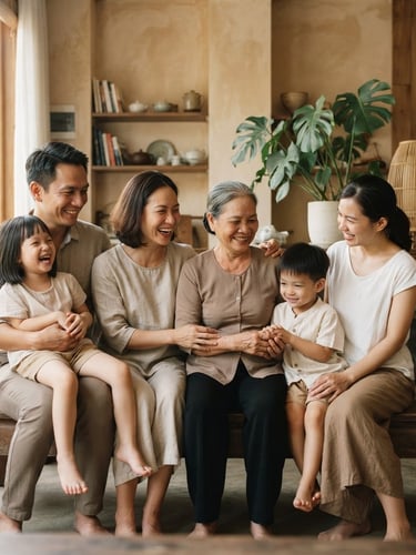 A Vietnamese family sitting together on a wooden bench in a sunlit living room, warm soft natural daylight, genuine unforced emotions, 35mm lens, shallow depth of field