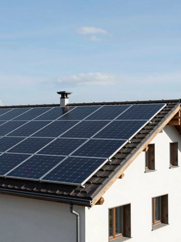Wide panoramic 21:9 frame of a modern Swiss house roof with integrated solar panels in Solothurn, clean lines, clear alpine sky, no people.