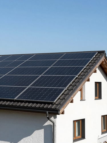 A crisp, bright daylight shot of a modern Swiss house roof with integrated sleek black solar panels, clean lines, alpine white walls, clear blue sky.