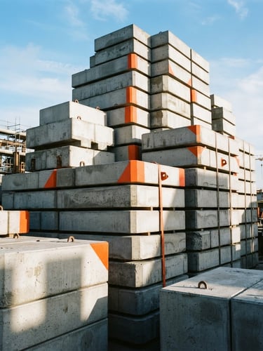 Low-angle heroic shot of neatly stacked concrete blocks in an industrial yard, crisp morning sun casting sharp geometric shadows, cool concrete greys with sharp orange accents, sharp focus, 35mm