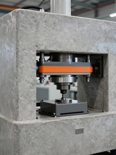 A heavy hydraulic block-pressing machine in action inside a clean modern manufacturing facility, sharp focus on concrete textures, industrial setting, 35mm