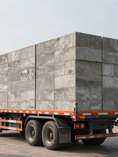 A flatbed logistics truck loaded with precision-stacked concrete blocks departing the Aziz Nagar yard, crisp morning light, industrial setting, 35mm