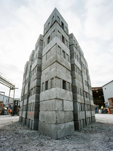 Low-angle heroic shot of neatly stacked concrete blocks in our manufacturing yard, crisp morning sun, industrial grey textures with sharp shadows, 35mm