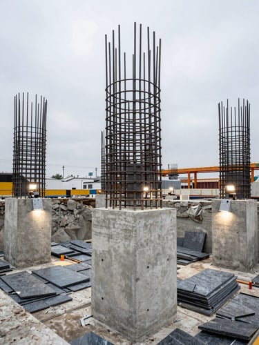 Industrial architectural photography of structural steel rebar cages inside a deep concrete footing excavation, dramatic subterranean work lights.