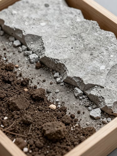 Macro shot of core soil samples in a wooden tray, showing clear transition from clay to solid bedrock, overcast natural daylight.