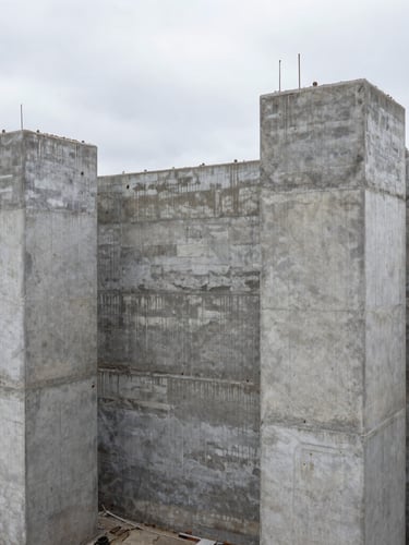 Industrial architectural photography of a deep foundation excavation pit, raw concrete pile walls, high-contrast overcast daylight, cool slate tones, 35mm lens