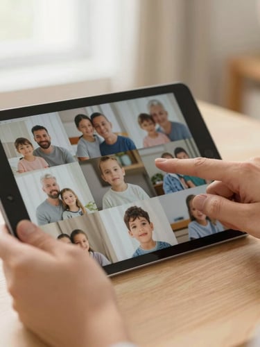 Close-up of patient hands gently pointing to a tablet screen showing family photos, warm home interior, soft natural side light, shallow depth of field