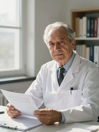Close portrait framing, natural daylight from a large window to the left, geriatrician in a white coat seated at a clinical desk reviewing a paper chart, direct composed gaze toward camera, warm directional light catching the face, medical reference books softly out of focus in background